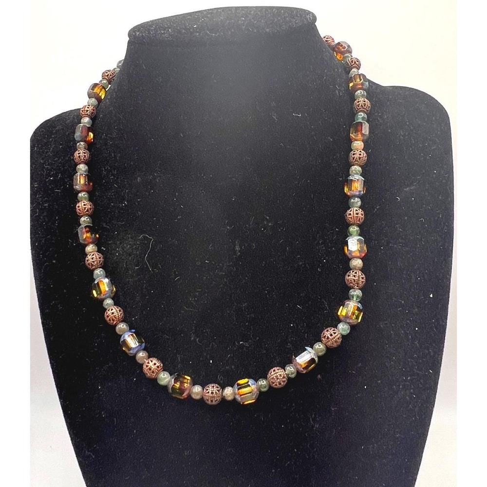 Artisan Beaded Necklace Green Glass Amber‎ Tone Copper Toggle 16"